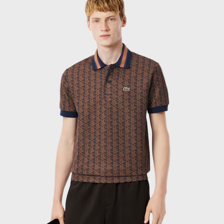 Lacoste DH1417 Classic Fit Monogram Jacquard Polo Shirt - 914 Purple/Brown