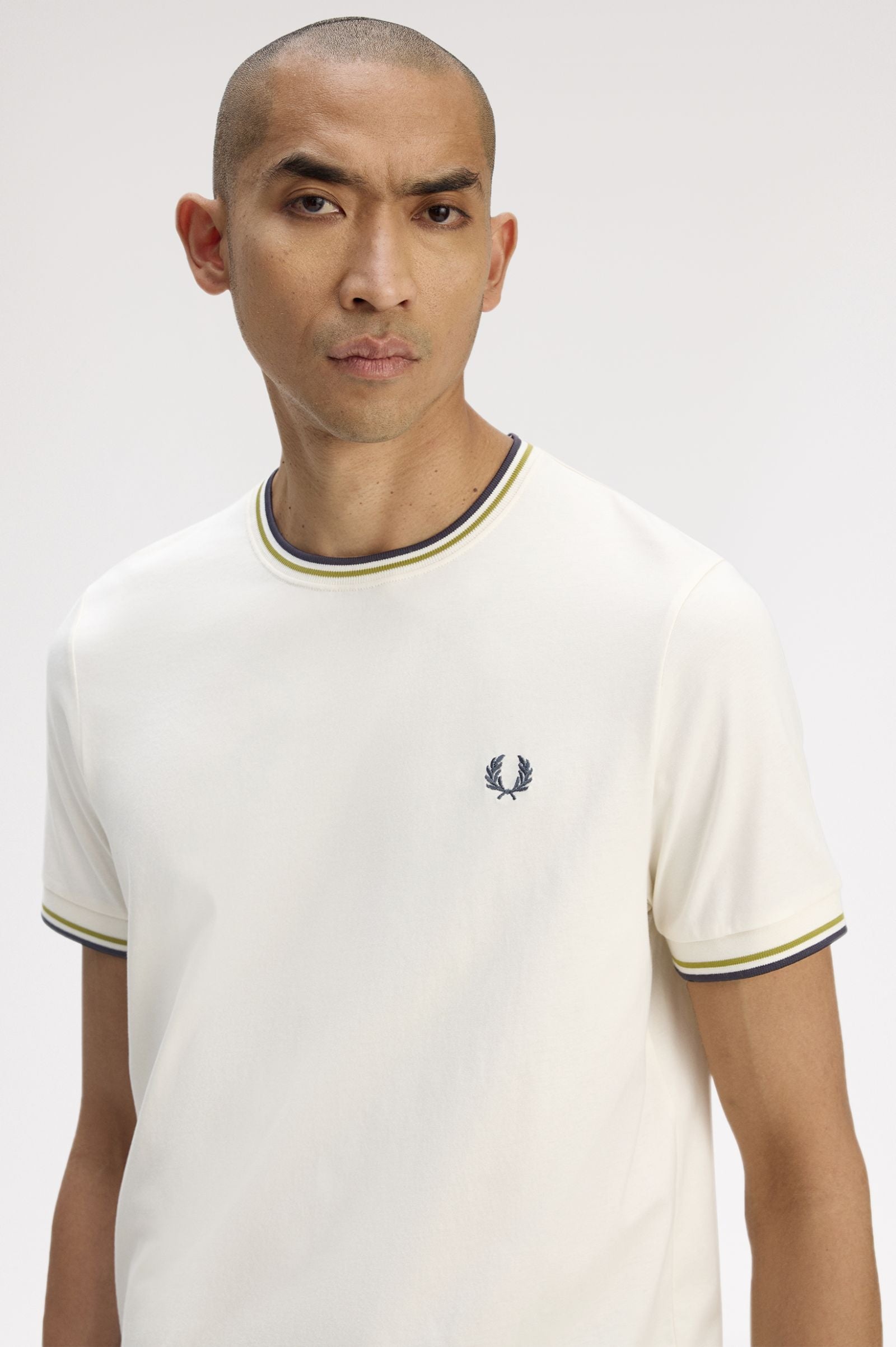 Fred Perry M1588V Twin Tipped T-Shirt - 46A Ecru/Tennis Ball Yellow/Anchor Grey