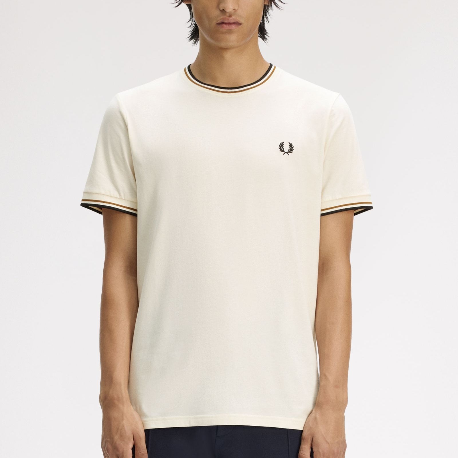 Fred Perry M1588V Twin Tipped T-Shirt 79B - Ecru/Dark Caramel/Black