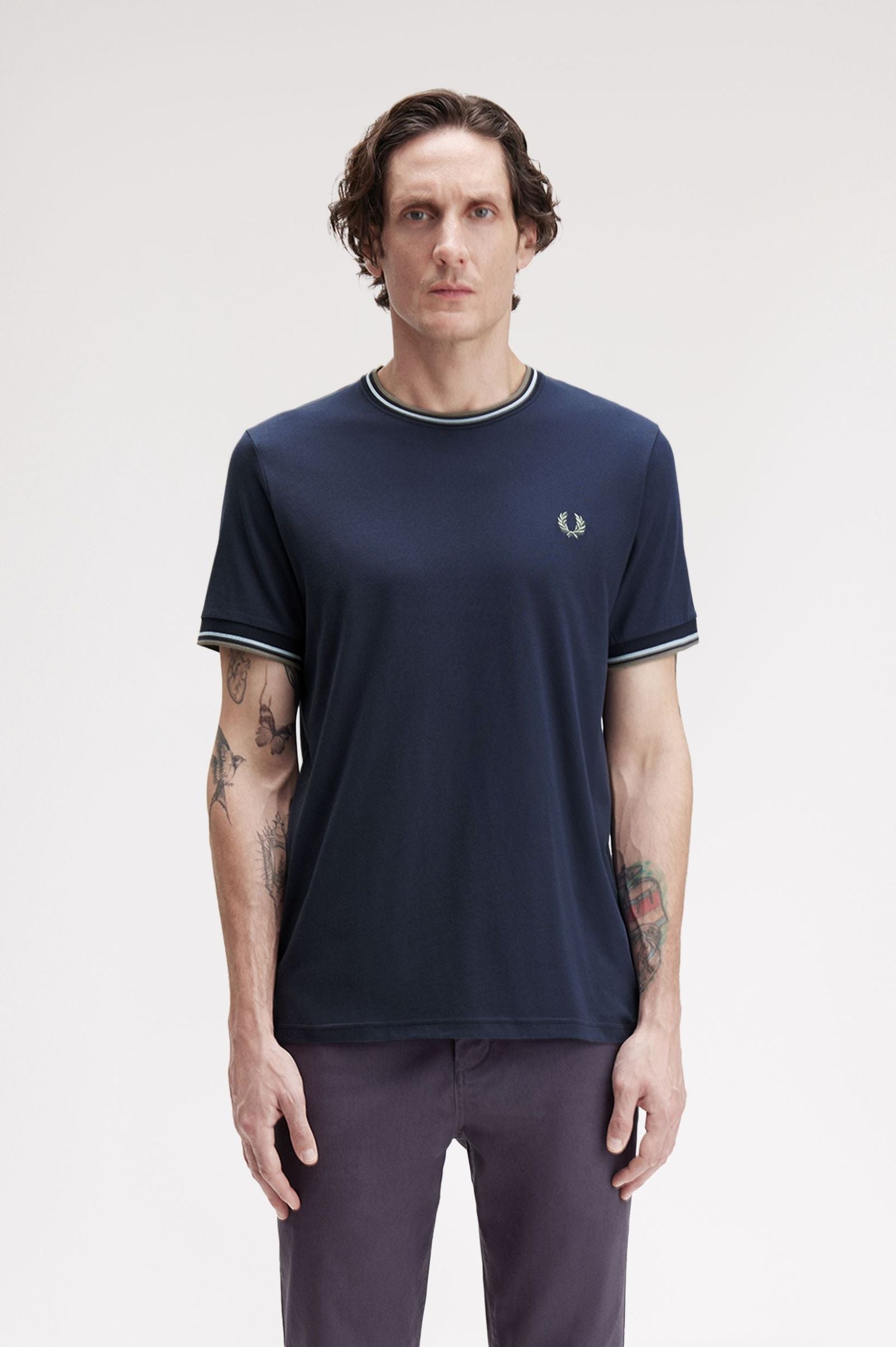 Fred Perry M1588V Twin Tipped T-Shirt Z47 Dark Airforce/Light Ice/Bay Leaf