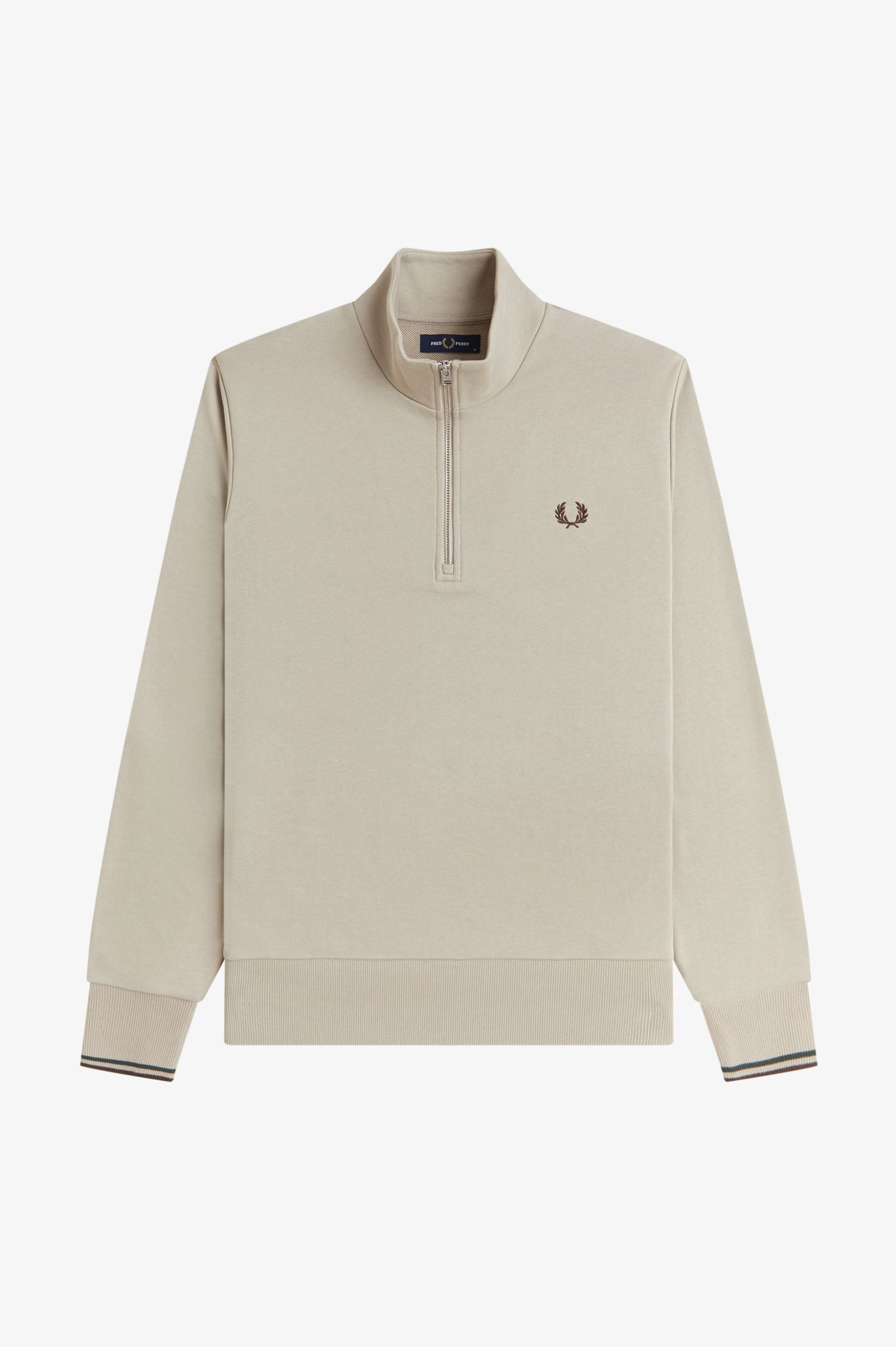 Fred Perry M3574 Half Zip Sweatshirt - 50A Warm Oat/Court Green/Bunrt Tobacco