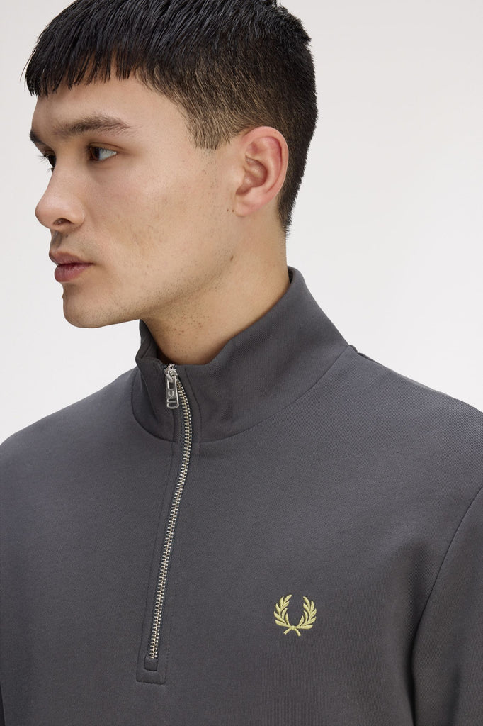 Fred Perry M3574 Half Zip Sweatshirt - 58A Anchor Grey/Tennis Ball Yellow