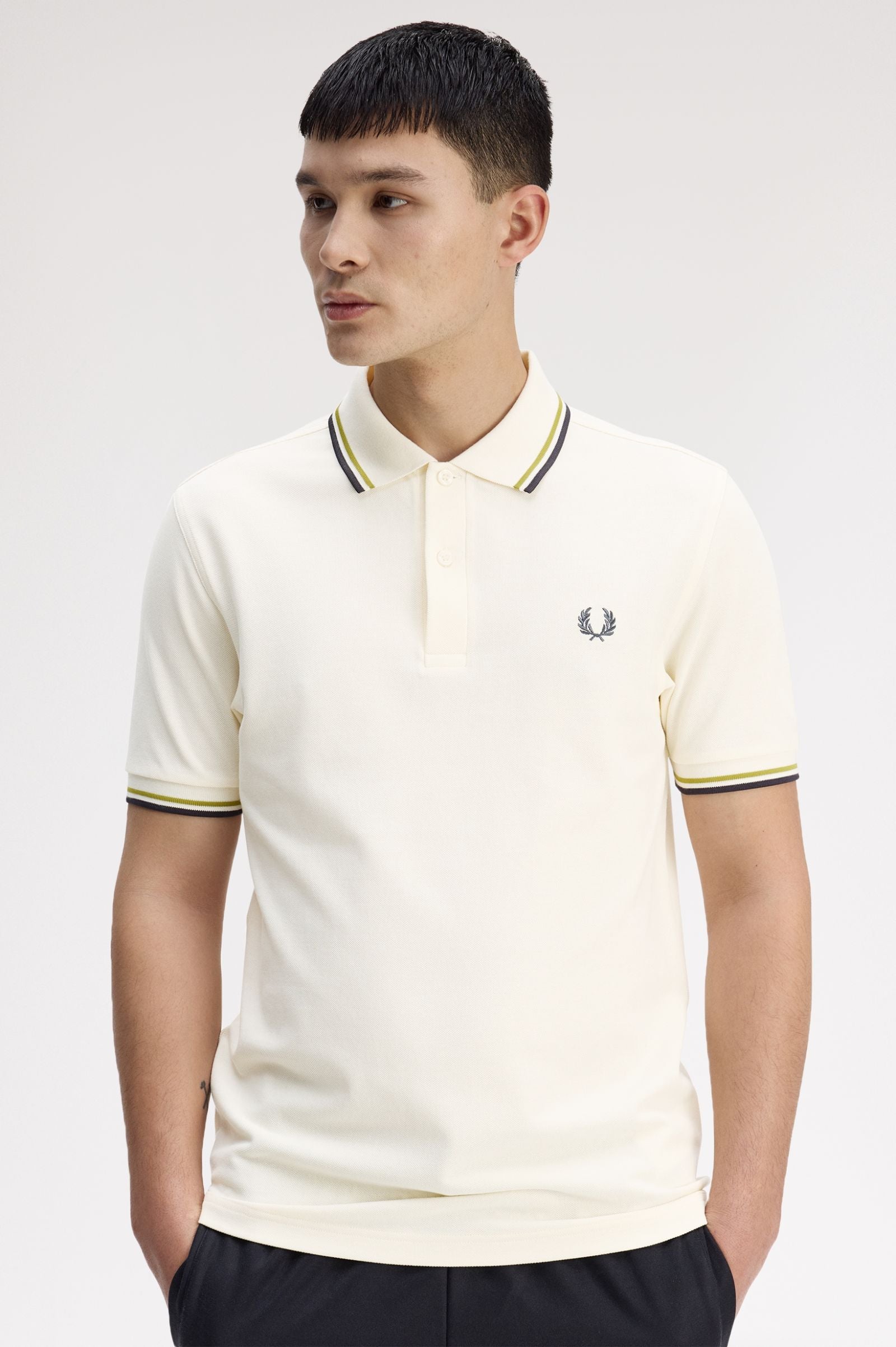 Fred Perry M3600 Twin Tipped Polo Shirt - 46A Ecru/Tennis Ball Yellow/Anchor Grey