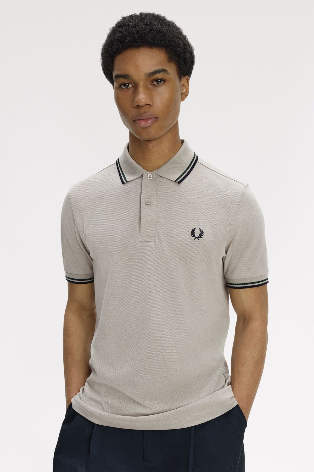 Fred Perry M3600 Twin Tipped Polo T-Shirt 55D - Drizzle/Grassroots/Navy