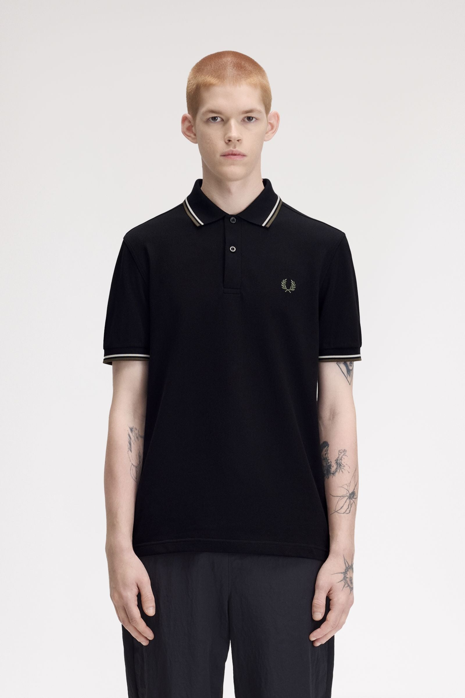 Fred Perry M3600 Twin Tipped Polo Shirt W54 - Black/Ecru/Laurel Wreath