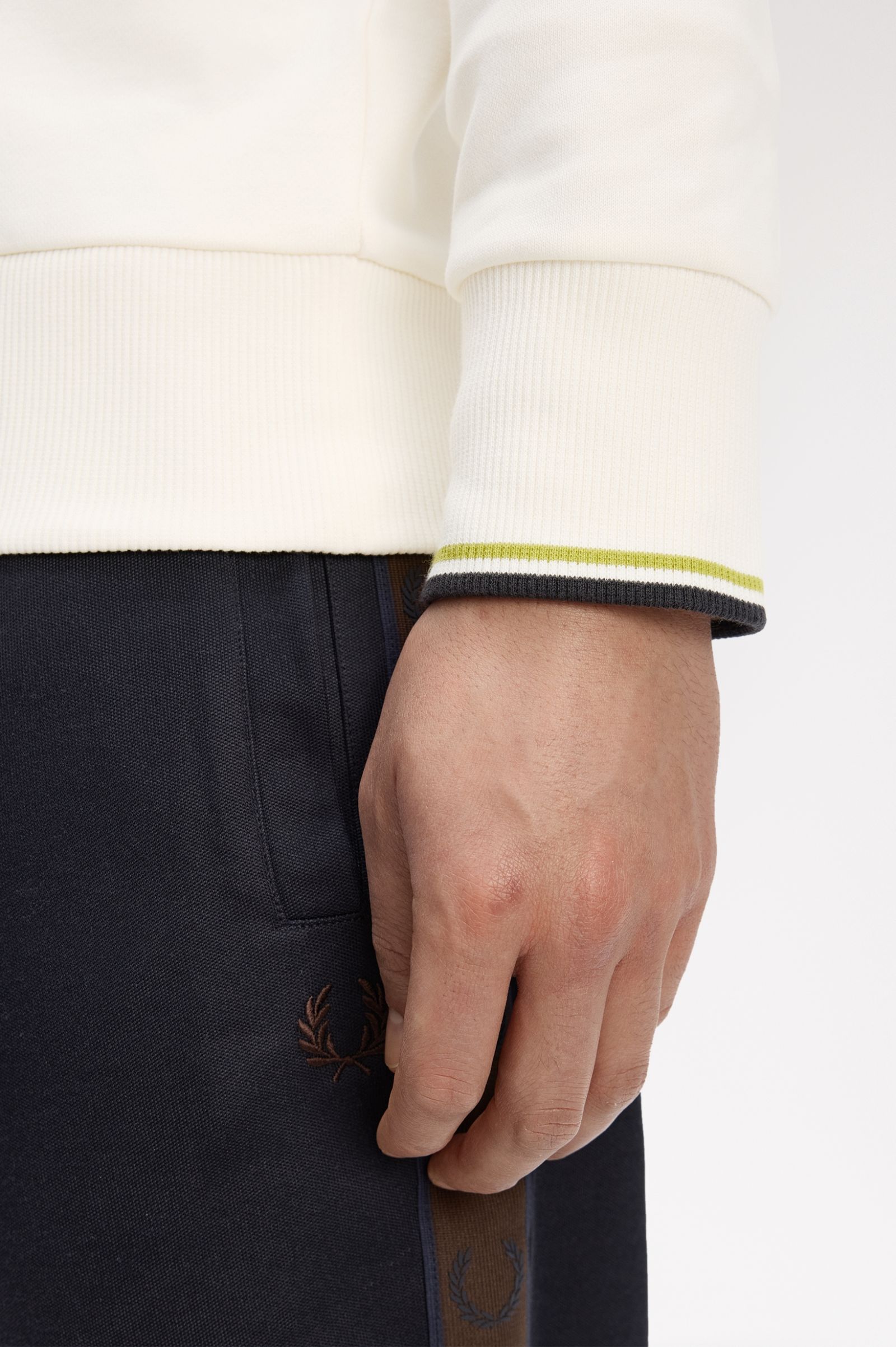 Fred Perry M7535 Crewneck Sweatshirt - 46A Ecru/Tennis Ball Yellow/Anchor Grey