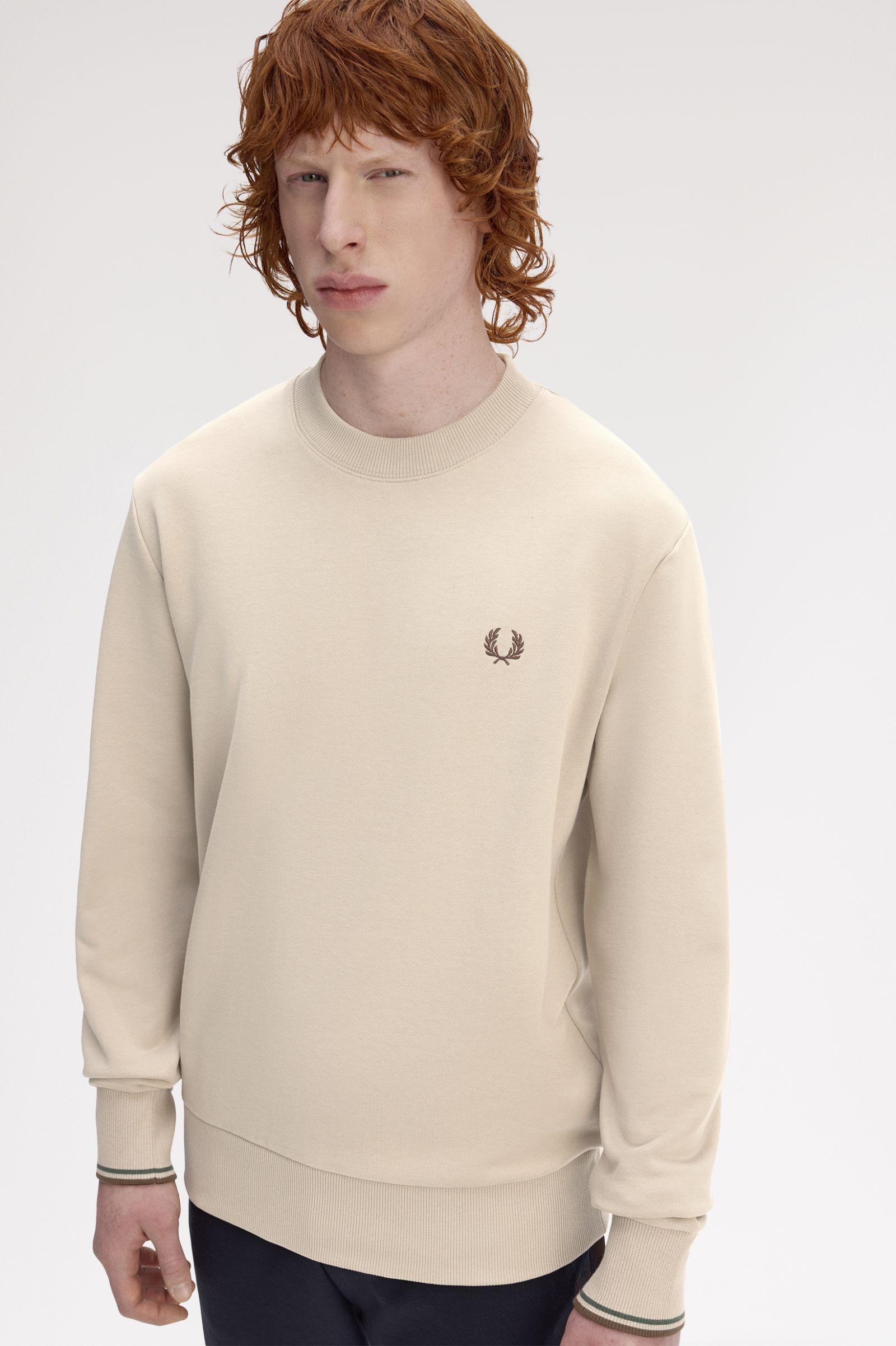 Fred Perry M7535 Crewneck Sweatshirt - 50A Warm Oat/Court Green/Burnt Tobacco