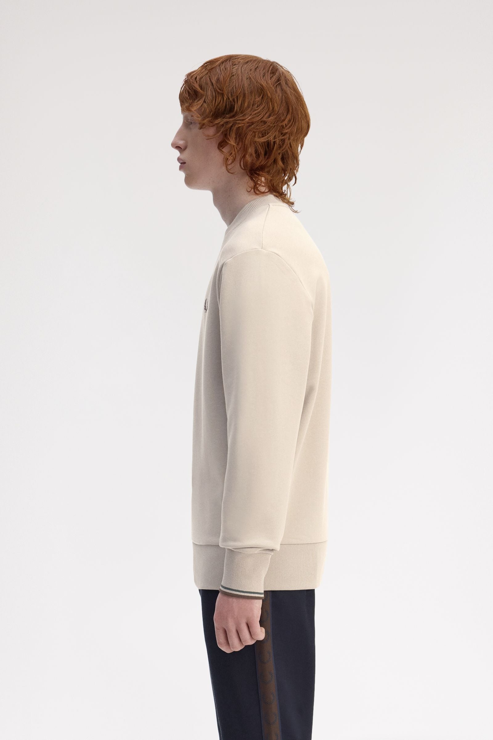 Fred Perry M7535 Crewneck Sweatshirt - 50A Warm Oat/Court Green/Burnt Tobacco