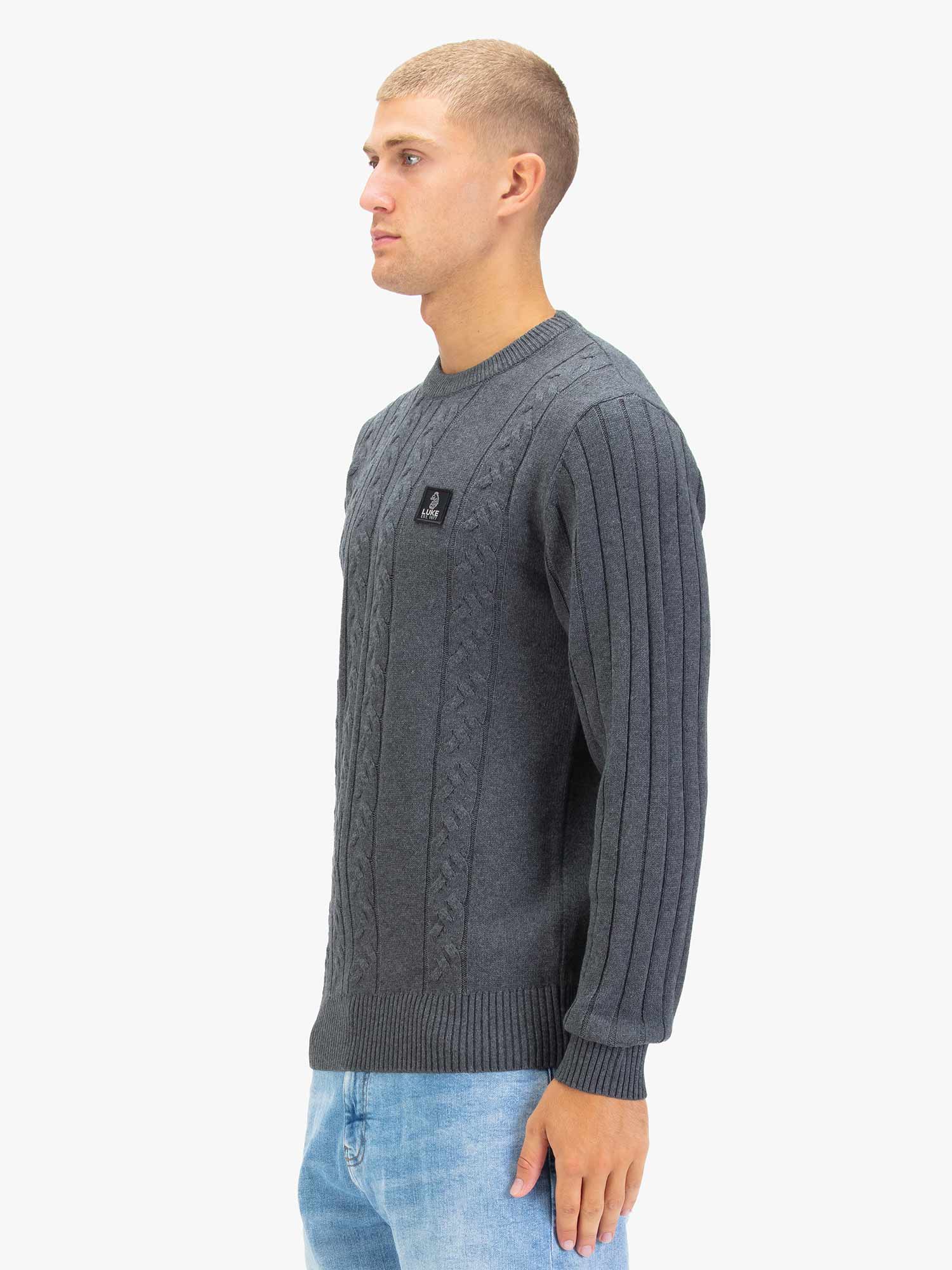 Luke 1977 M810650 Mitchem Cable Knit Jumper Charcoal