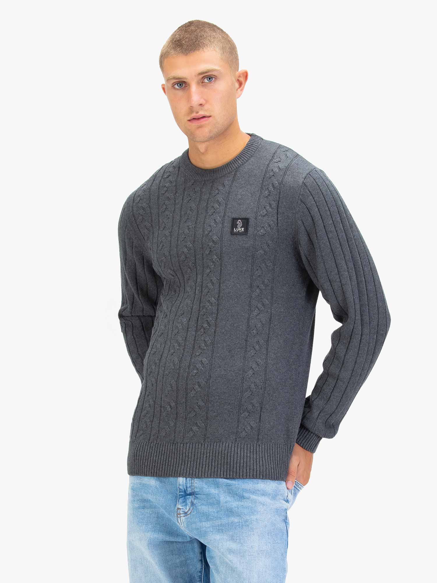 Luke 1977 M810650 Mitchem Cable Knit Jumper Charcoal