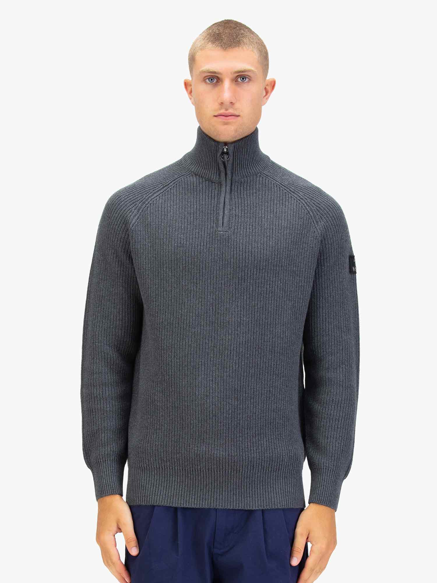 Luke 1977 M810652 Watton Plated Quarter Zip Knitwear Charcoal