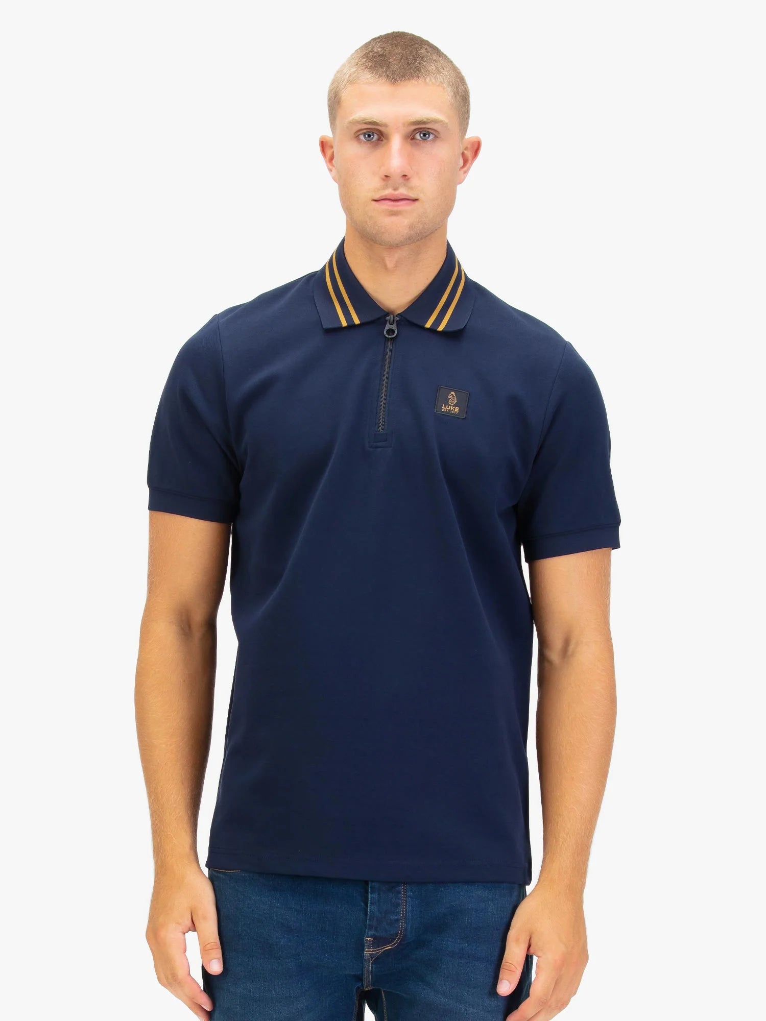 Luke 1977 Throop Zip Neck Polo - Dark Navy/Gold