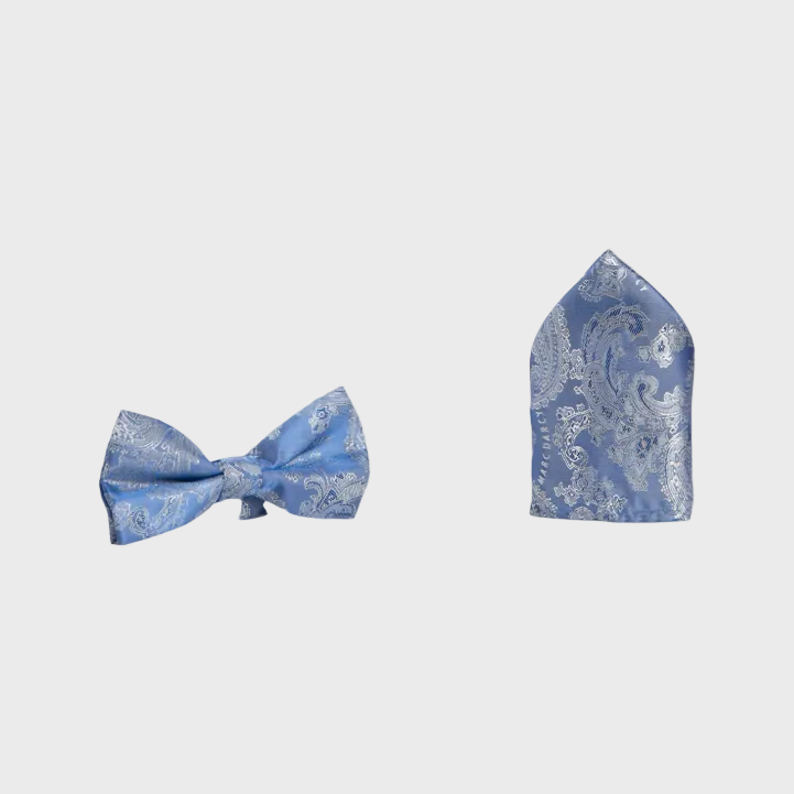 Marc Darcy Paisley Bow Tie and Pocket Square Set - Sky Blue