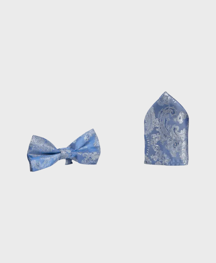 Marc Darcy Paisley Bow Tie and Pocket Square Set - Sky Blue