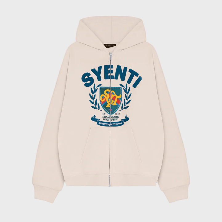 Syenti Crest Zip Thru Hoodie Light Stone