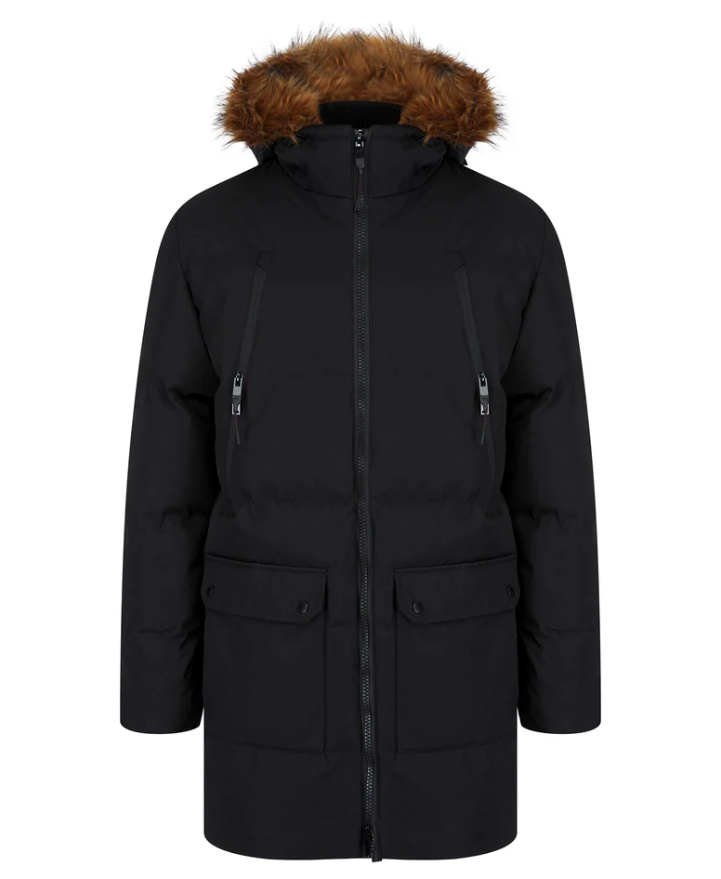 Tokyo Laundry Darryl Padded Parka Coat with Faux Fur Trim Hood - Jet Black
