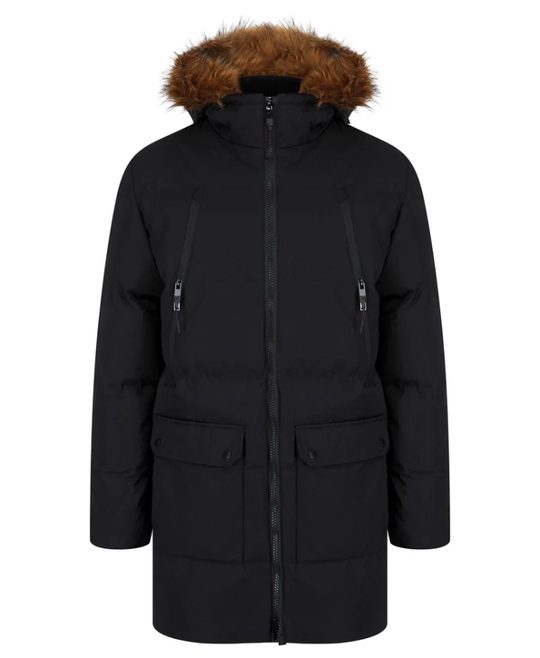 Tokyo Laundry Darryl Padded Parka Coat with Faux Fur Trim Hood - Jet Black
