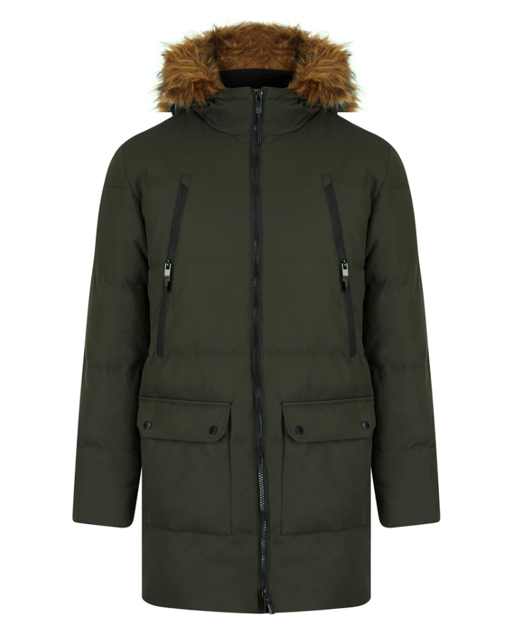 Tokyo Laundry Darryl Padded Parka Coat with Faux Fur Trim Hood - Khaki Green