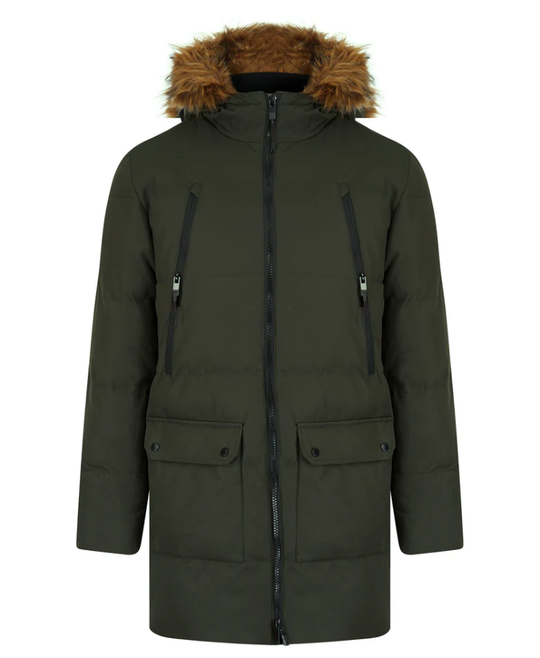 Tokyo Laundry Darryl Padded Parka Coat with Faux Fur Trim Hood - Khaki Green