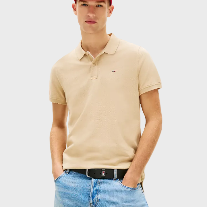 Tommy Jeans Flag Slim Fit Pique Polo Shirt - Gentle Gold