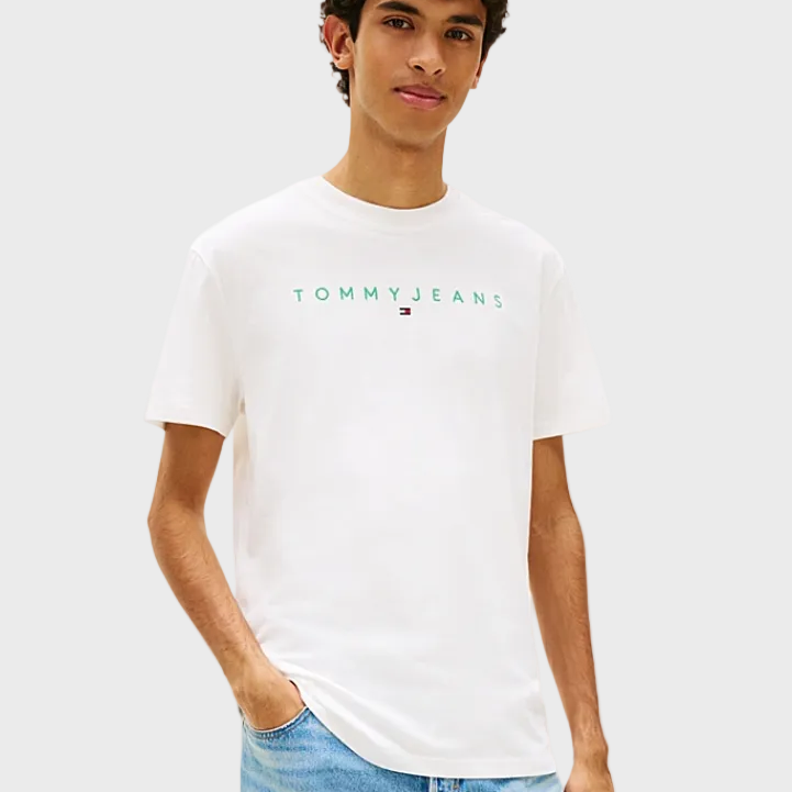 Tommy Jeans Linear Logo Embroidery Jersey T-Shirt- Ecru/Bahama Green