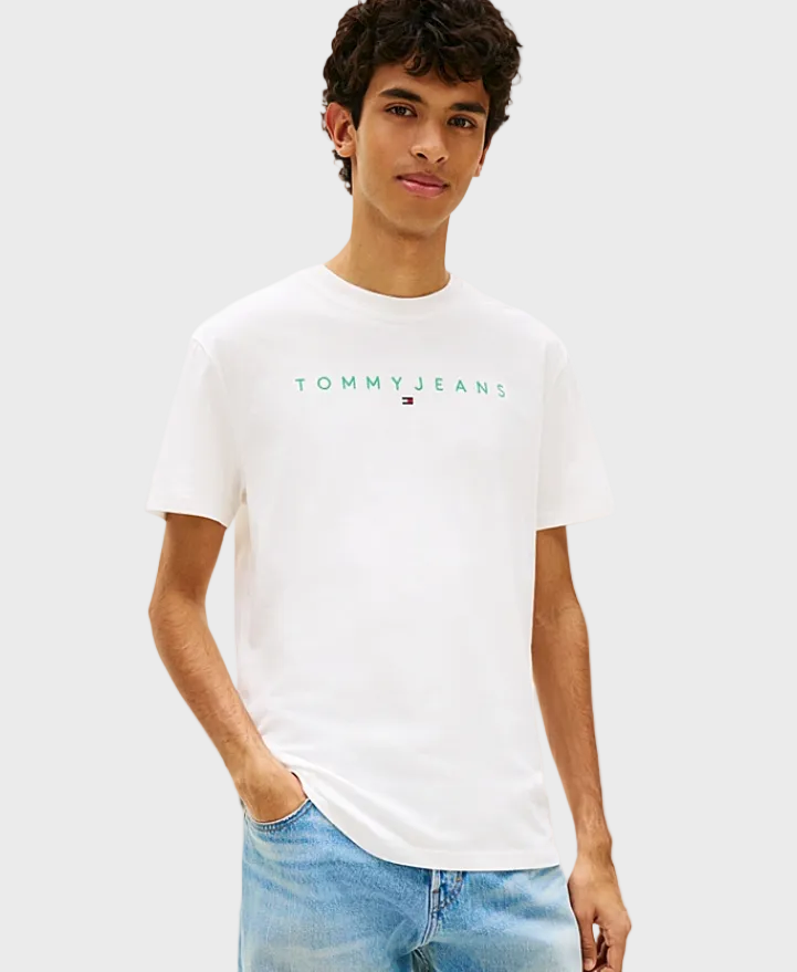 Tommy Jeans Linear Logo Embroidery Jersey T-Shirt- Ecru/Bahama Green