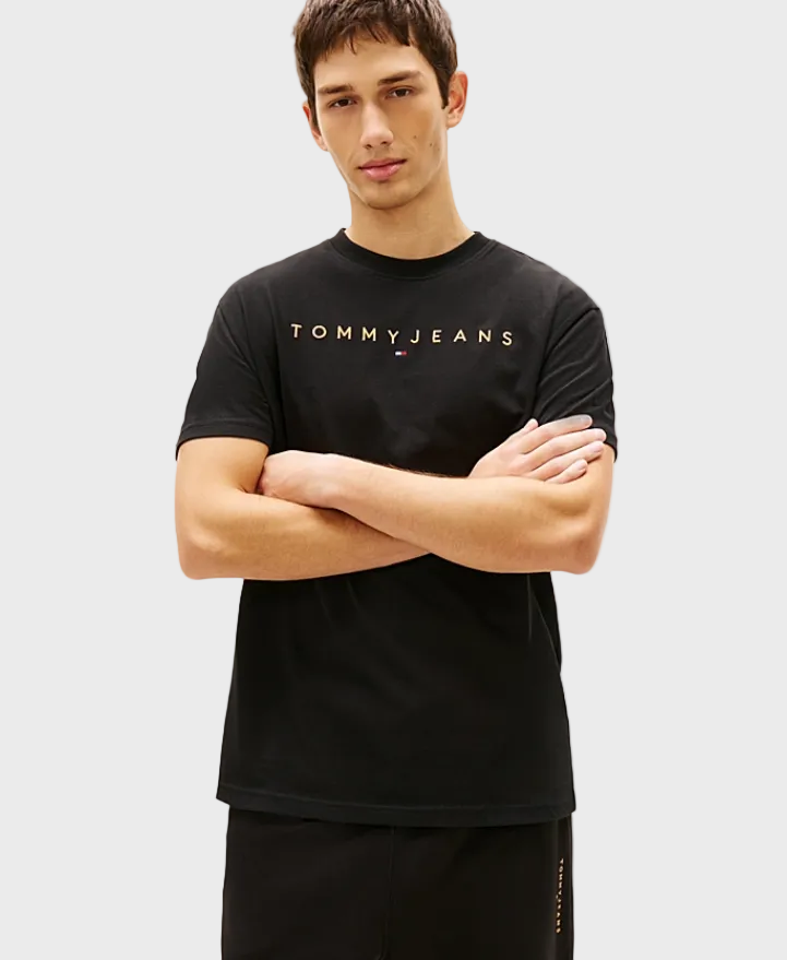 Tommy Jeans Linear Logo Embroidery Jersey T-Shirt - Black/Faded Sun Kiss