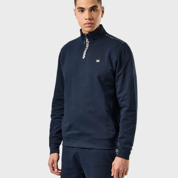 Weekend Offender Matisa Mid Check 1/4 Zip Sweat - Navy Blue