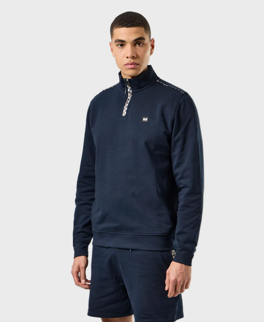Weekend Offender Matisa Mid Check 1/4 Zip Sweat - Navy Blue