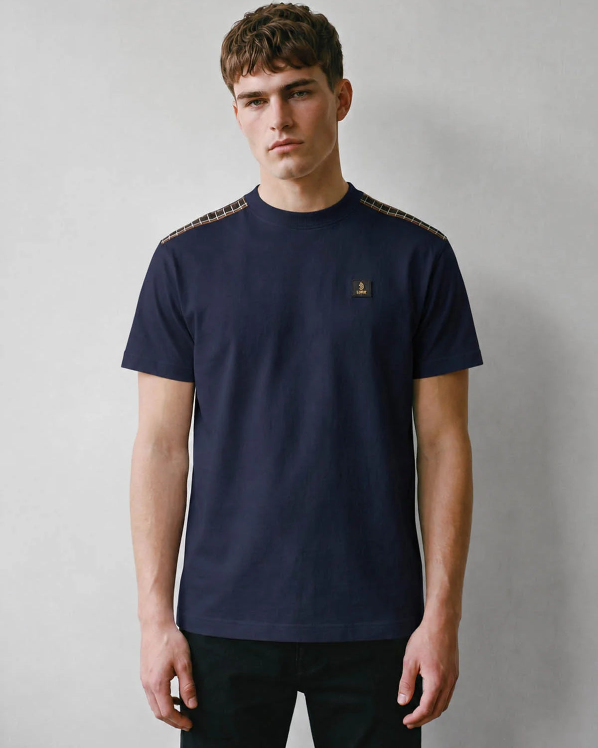 Luke 1977 M810112 Firth Shoulder Check Panels T-Shirt - Dark Navy