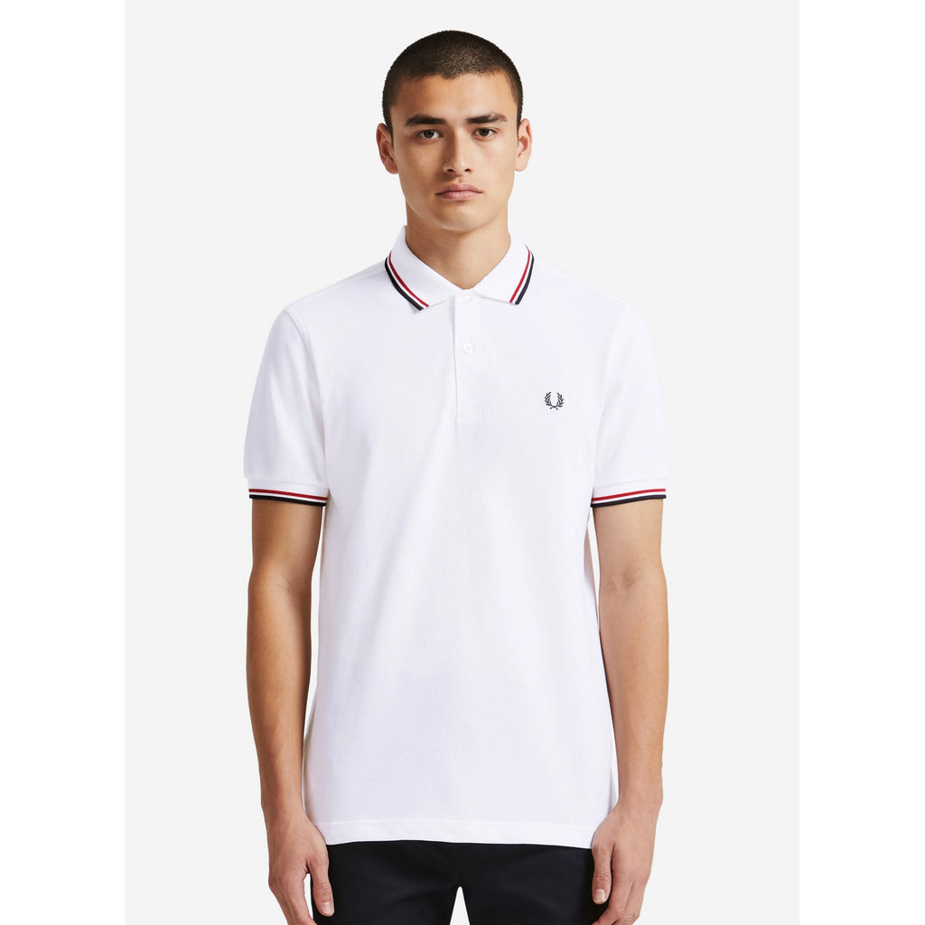 FRED PERRY M3600 TWIN TIPPED POLO T-SHIRT WHITE/RED/NAVY