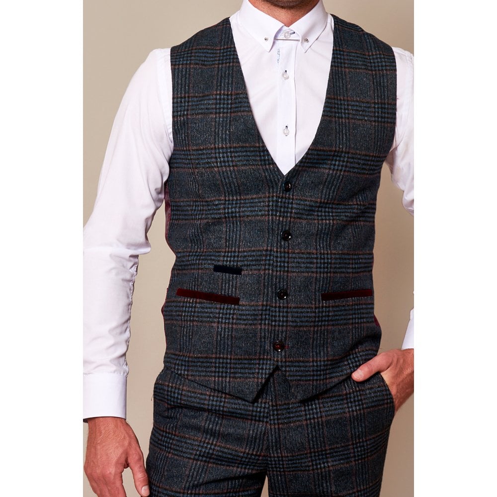 MARC DARCY LUCA TWEED CHECK WAISTCOAT NAVY