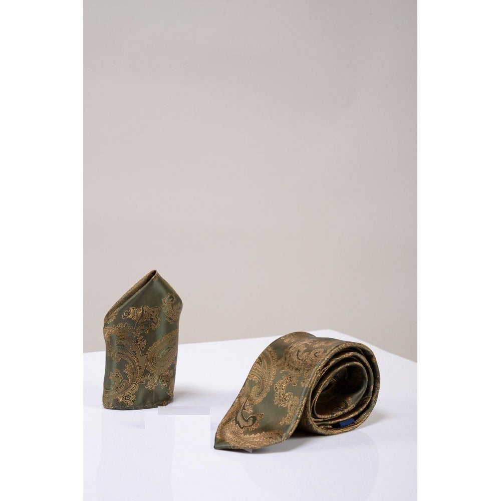 Marc Darcy Paisley Tie & Pocket Square Set Tan