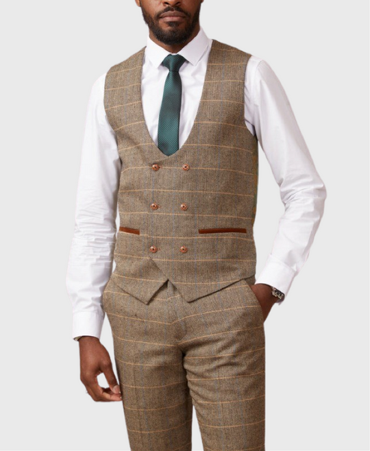 Marc Darcy Dx7 Double Breasted Waistcoat Tan