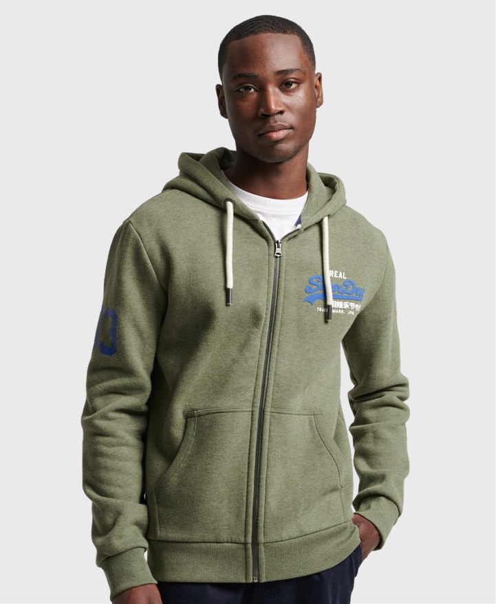 Superdry Vintage Logo Classic Zip Hoodie Olive Marl Vault Menswear